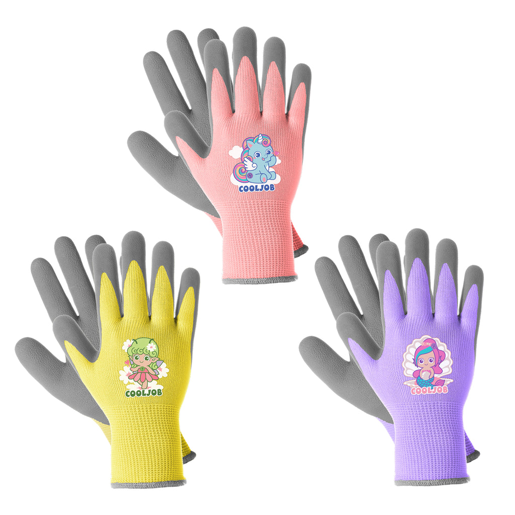 COOLJOB 3 Pairs Kids Gloves, Grippy Rubber Coated Garden Work Gloves for Children, Purple & Pink & Yellow