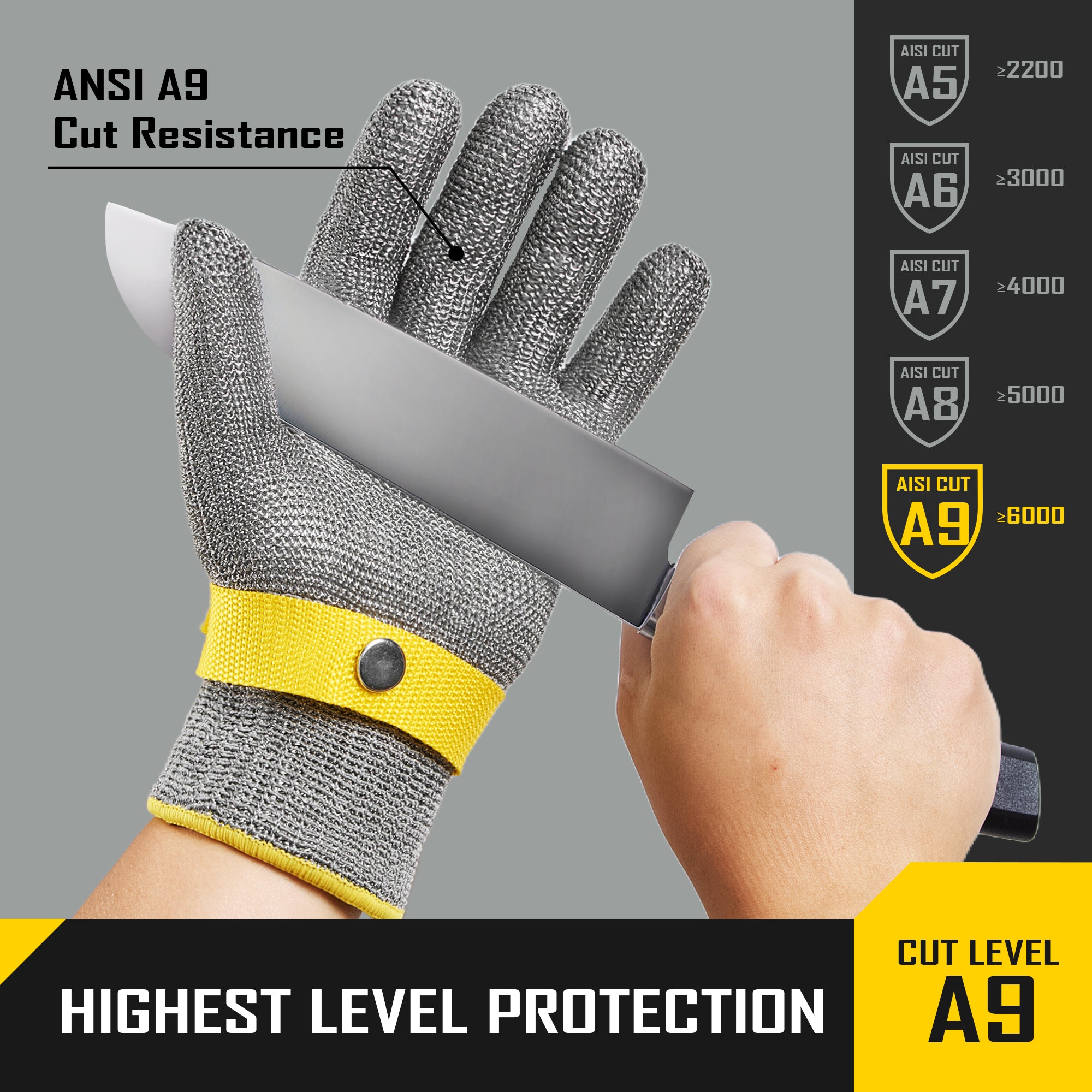 COOLJOB A9 Cut Resistant Kitchen Gloves, Food Grade for Mandoline Oyster Shucking, Fish/Meat Processing, Wood Working