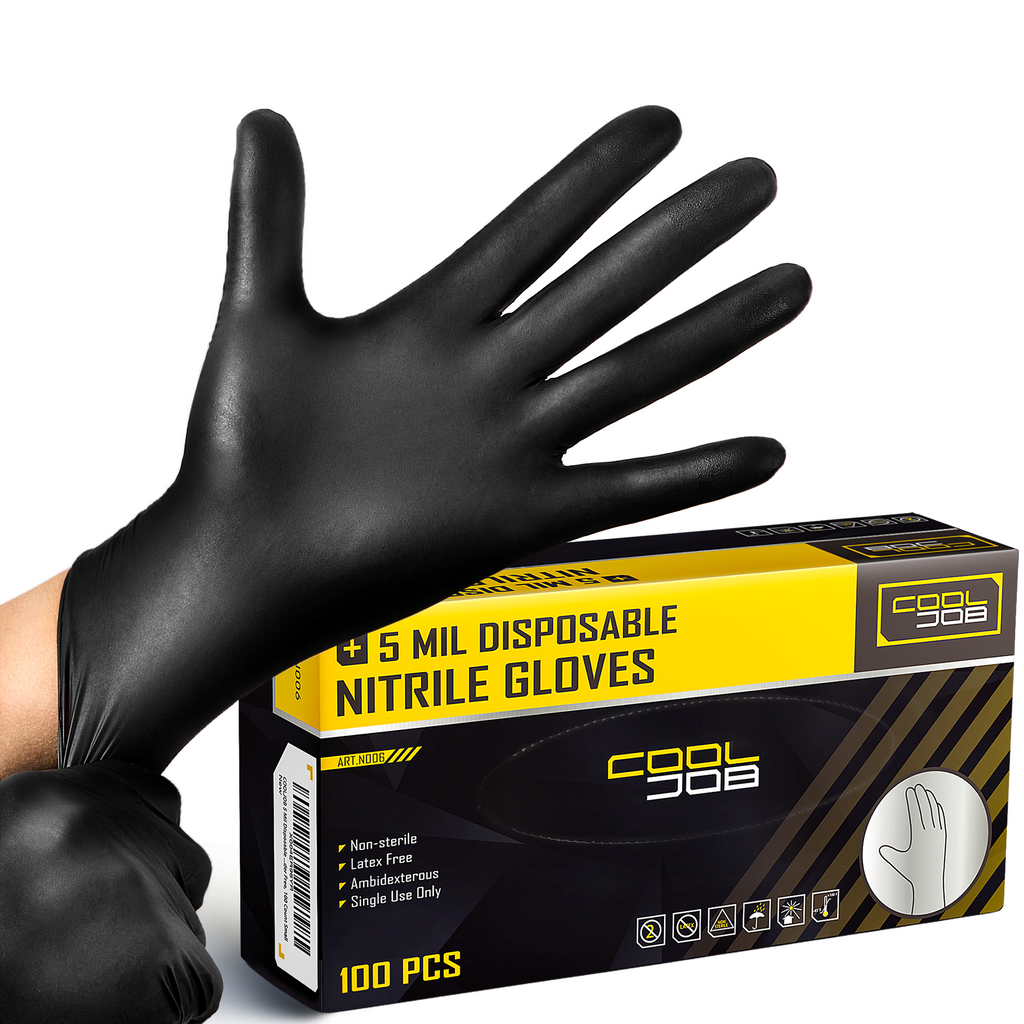 COOLJOB 5 Mil Black Disposable Nitrile Gloves, Heavy-Duty for Household Cleaning, Cooking, Working, Powder Free