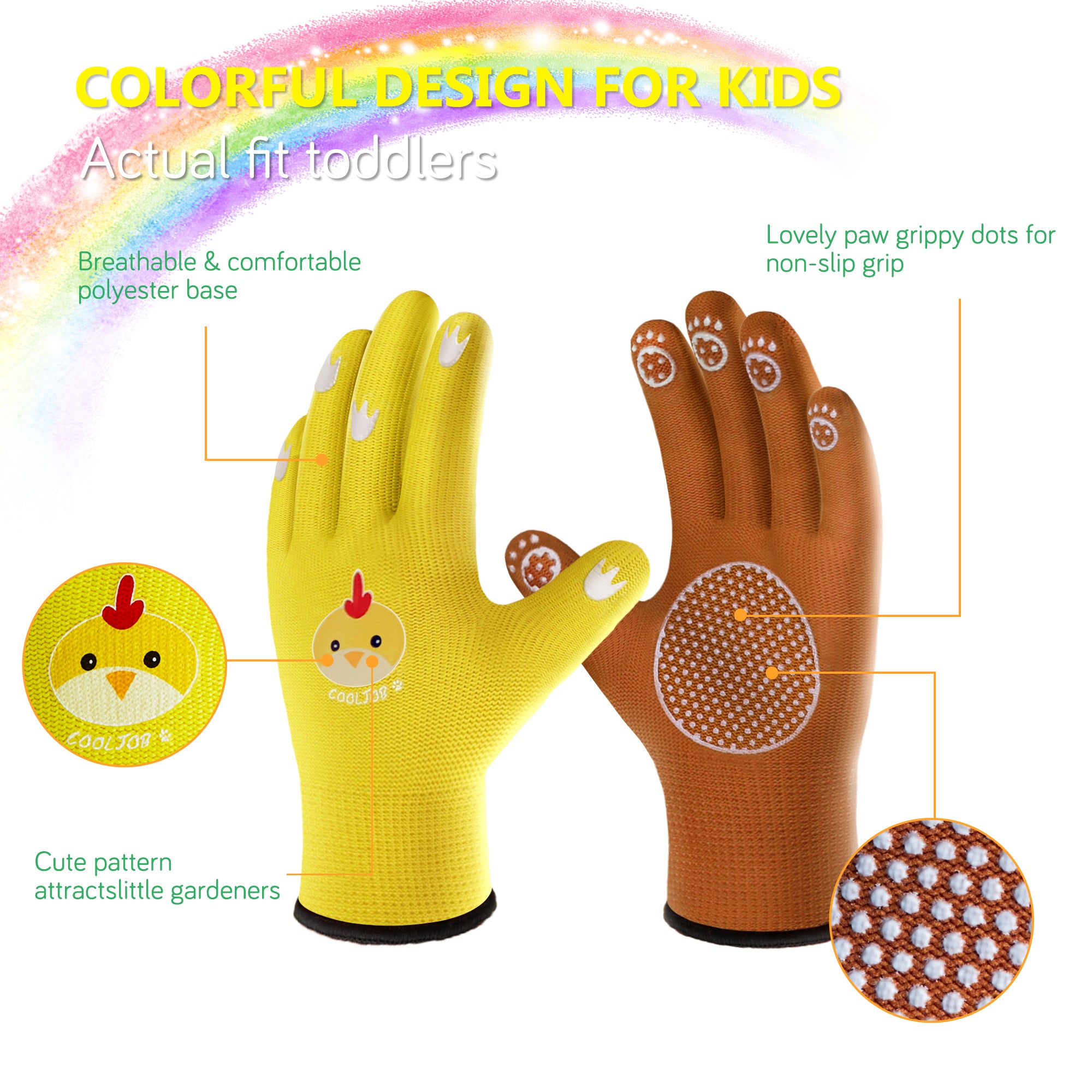 COOLJOB Breathable Toddler Work Gloves for Gardening Boy Girl, Nylon Kids Garden Gloves with Grip, Children Yard Gloves, Yellow & Brown, 2 Pairs