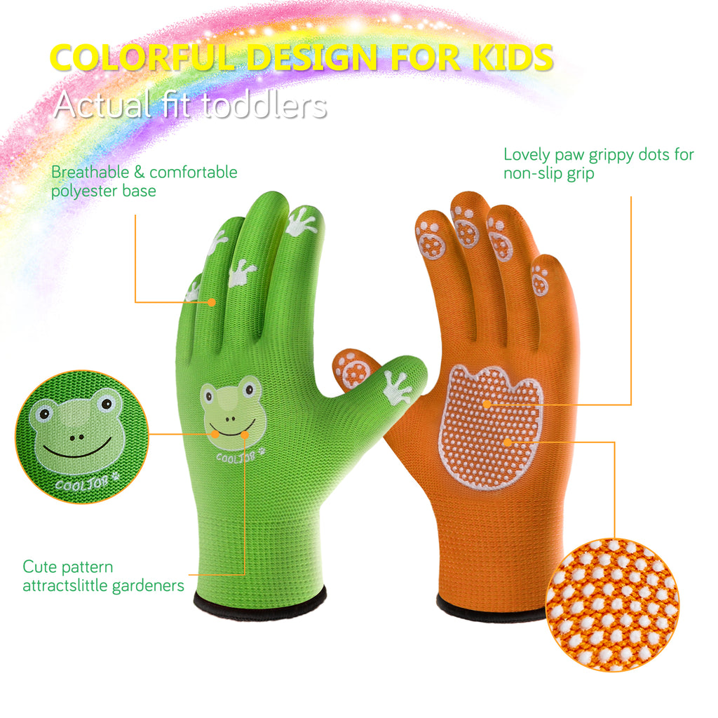 COOLJOB Breathable Toddler Work Gloves for Gardening, Nylon Kids Garden Gloves with Grip, Children Yard Gloves, Green & Orange, 2 Pairs