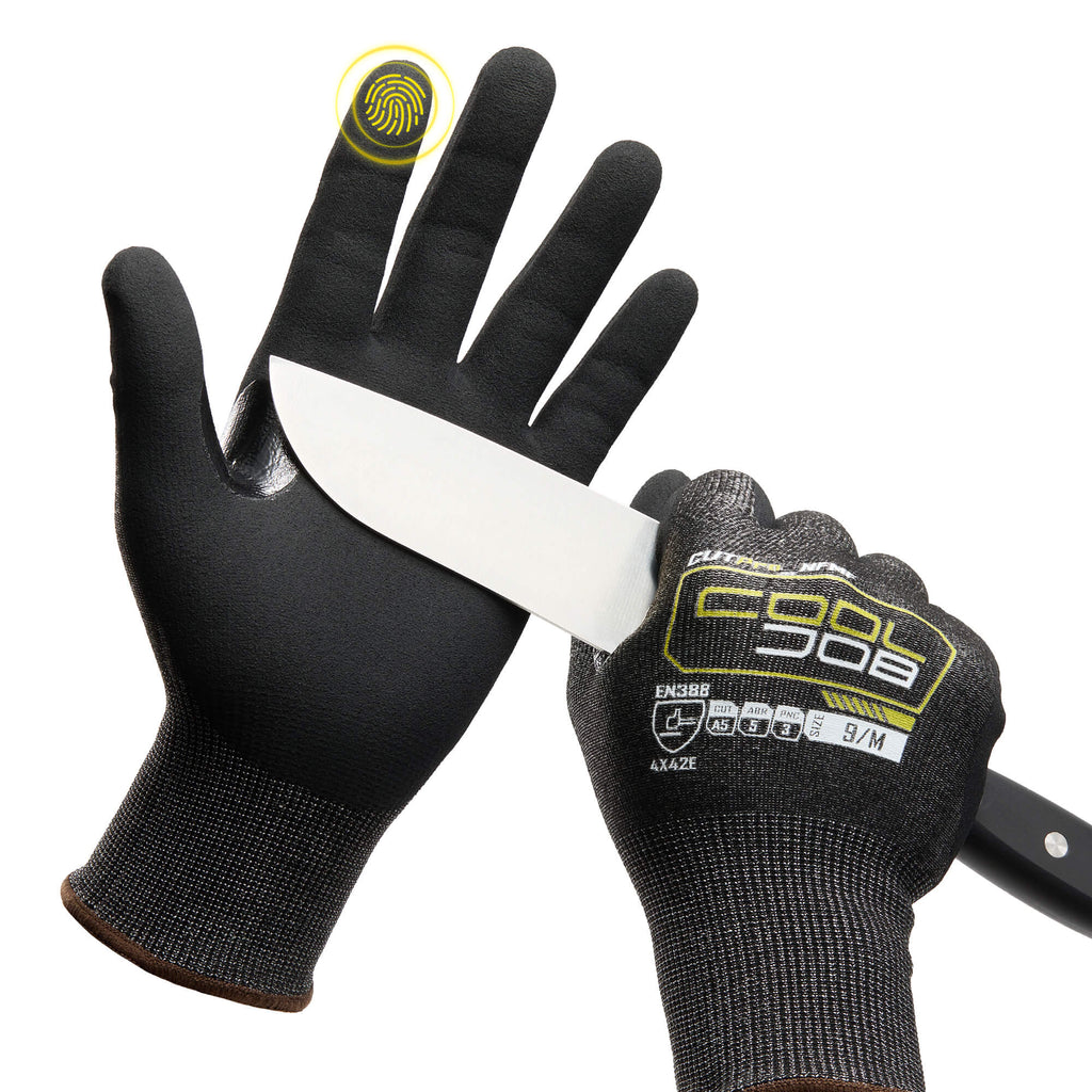 Nitrile coated palm grip on COOLJOB A5 cut resistant touchscreen gloves