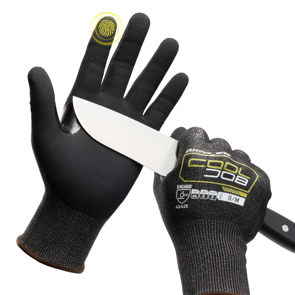 Nitrile coated palm grip on COOLJOB A5 cut resistant touchscreen gloves