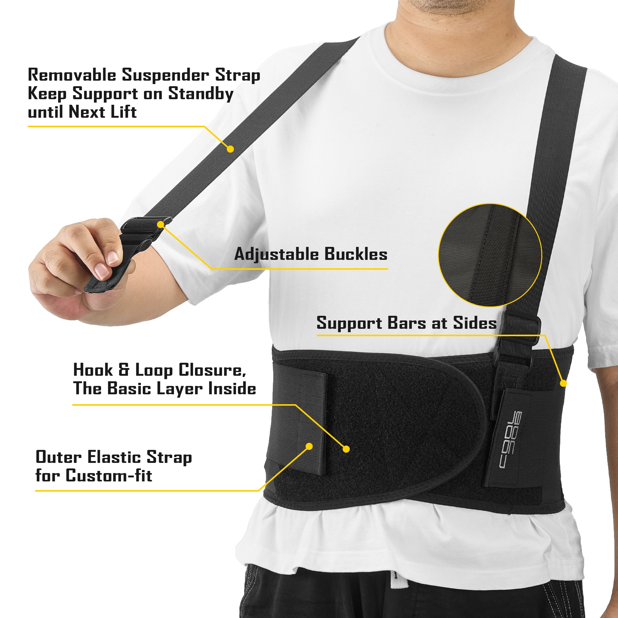 COOLJOB Expert Back Brace for Lower Back Pain Relief, Powerful Lumbar Support with 3D Foam Pad and Elastic Shoulder Strap, Breathable Adjustable Support Belt
