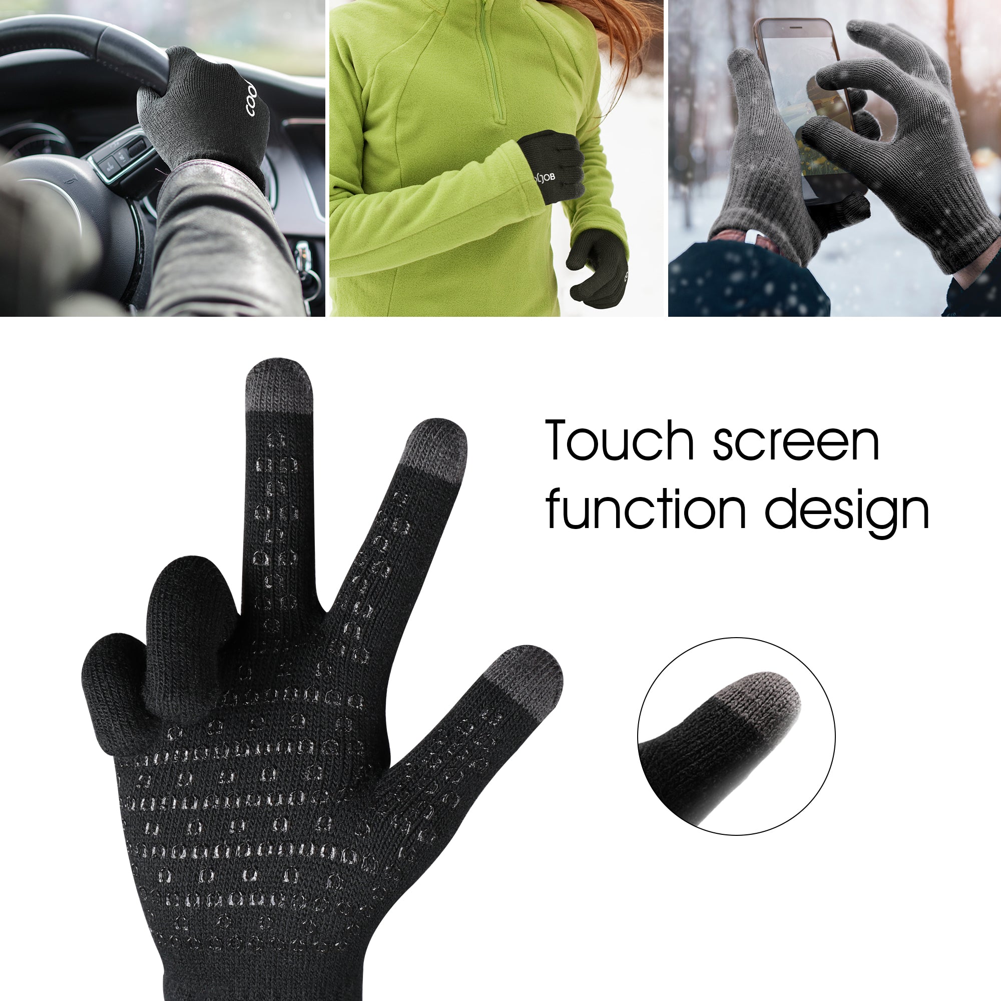 COOLJOB Warm Fleece Knit Winter Gloves, Touch Screen Fingers, Non-slip Silicone Grip and Elastic Cuff