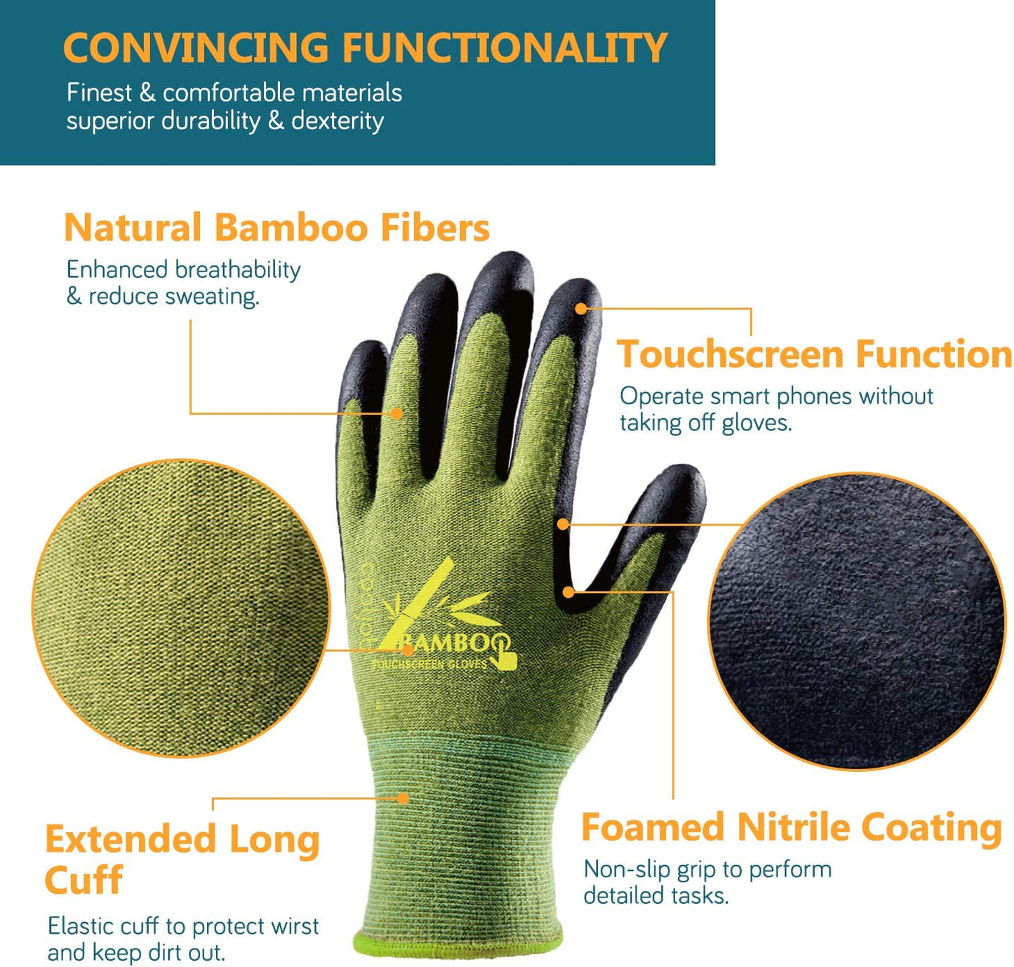 Bamboo Touchscreen Gardening Work Gloves (2 Pairs)